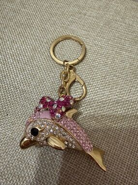 Gold Dolphin Keychain with Pink Crystal Detailing